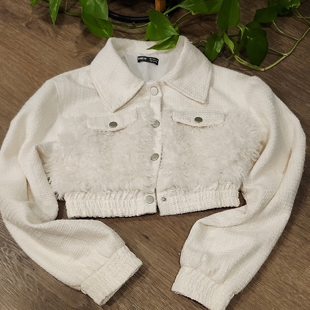 SHEIN Cream Teddy Cropped Jacket